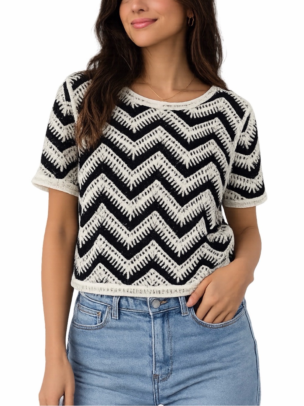Laundry by Shelli Segal B&W Crochet Chevron Top | Size M